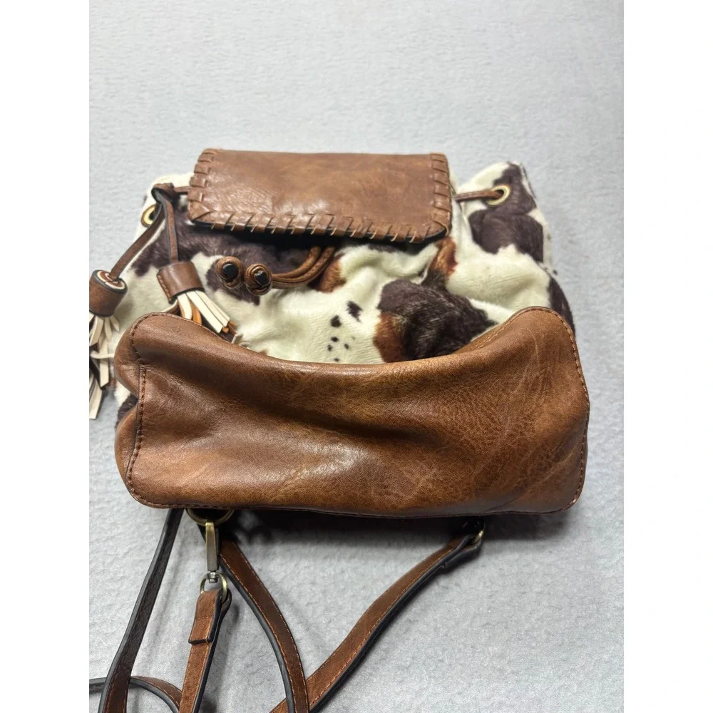 Jen & Co Backpack OS Cow Print Brown Faux Leather Tassel Western Boho Bag